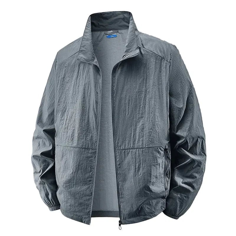 Grey zip-up jacket with stand collar and crinkled nylon texture