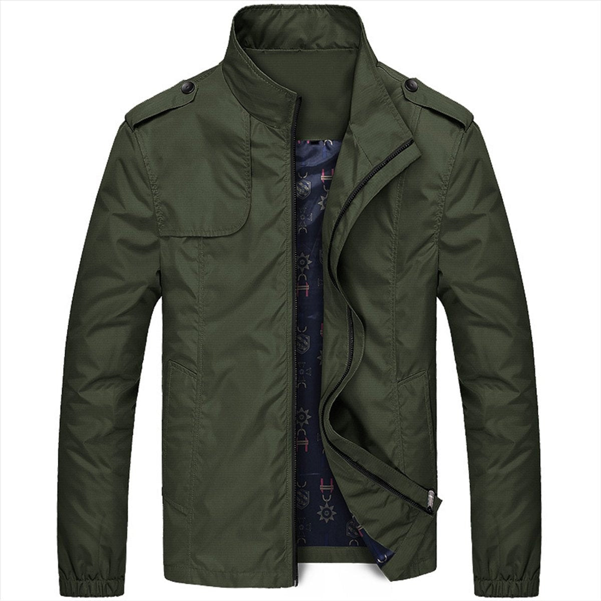 Men's khaki green zip-up jacket with stand collar and epaulette detail