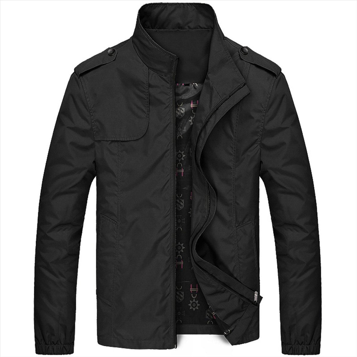 Men's black waterproof jacket with stand collar and zip fastening