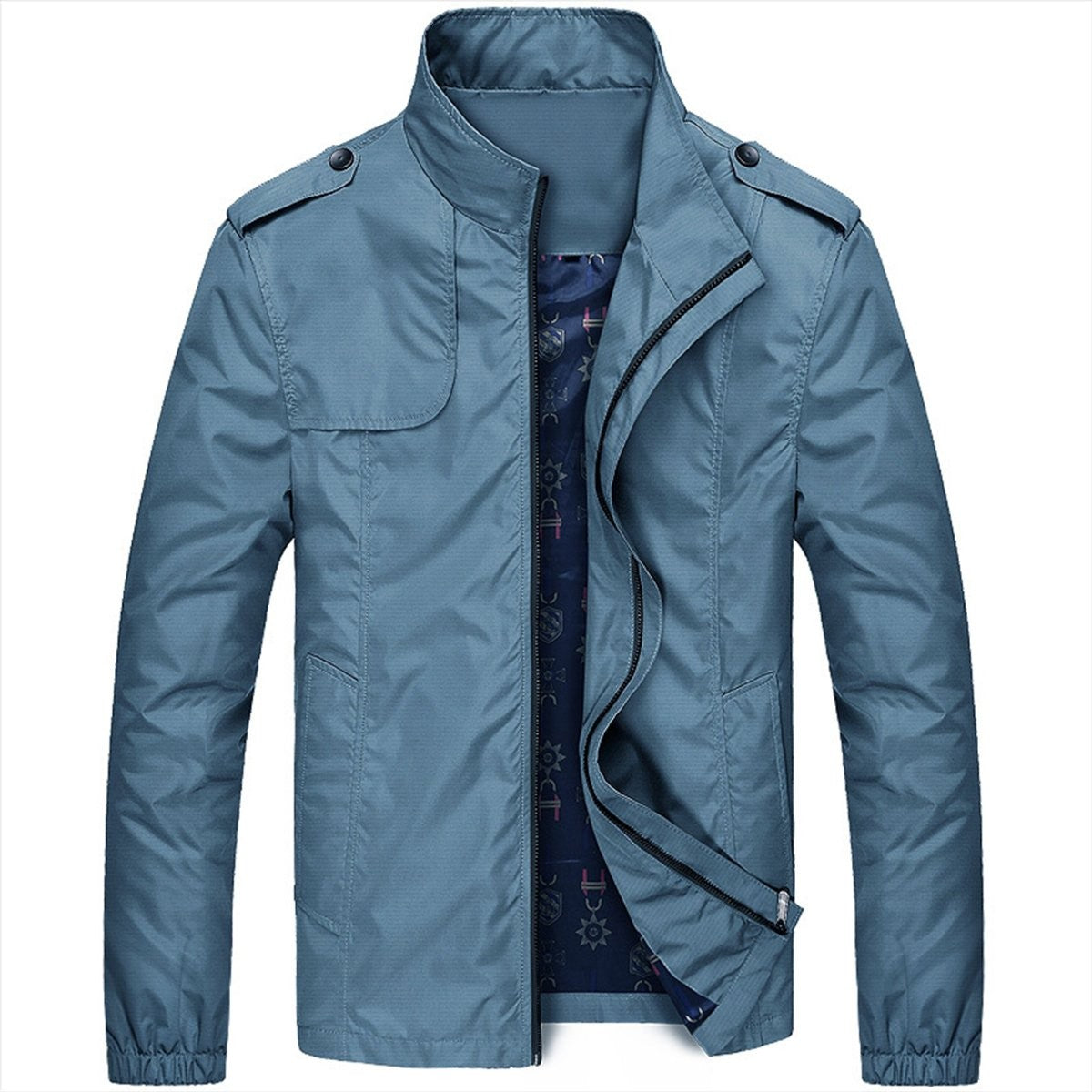 Men's dusty blue lightweight zip-up jacket with epaulette shoulder straps