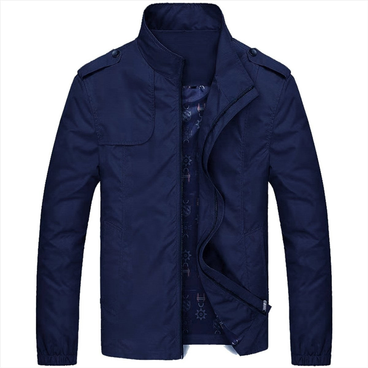 Men's navy zip-up jacket with stand collar, shown fully fastened