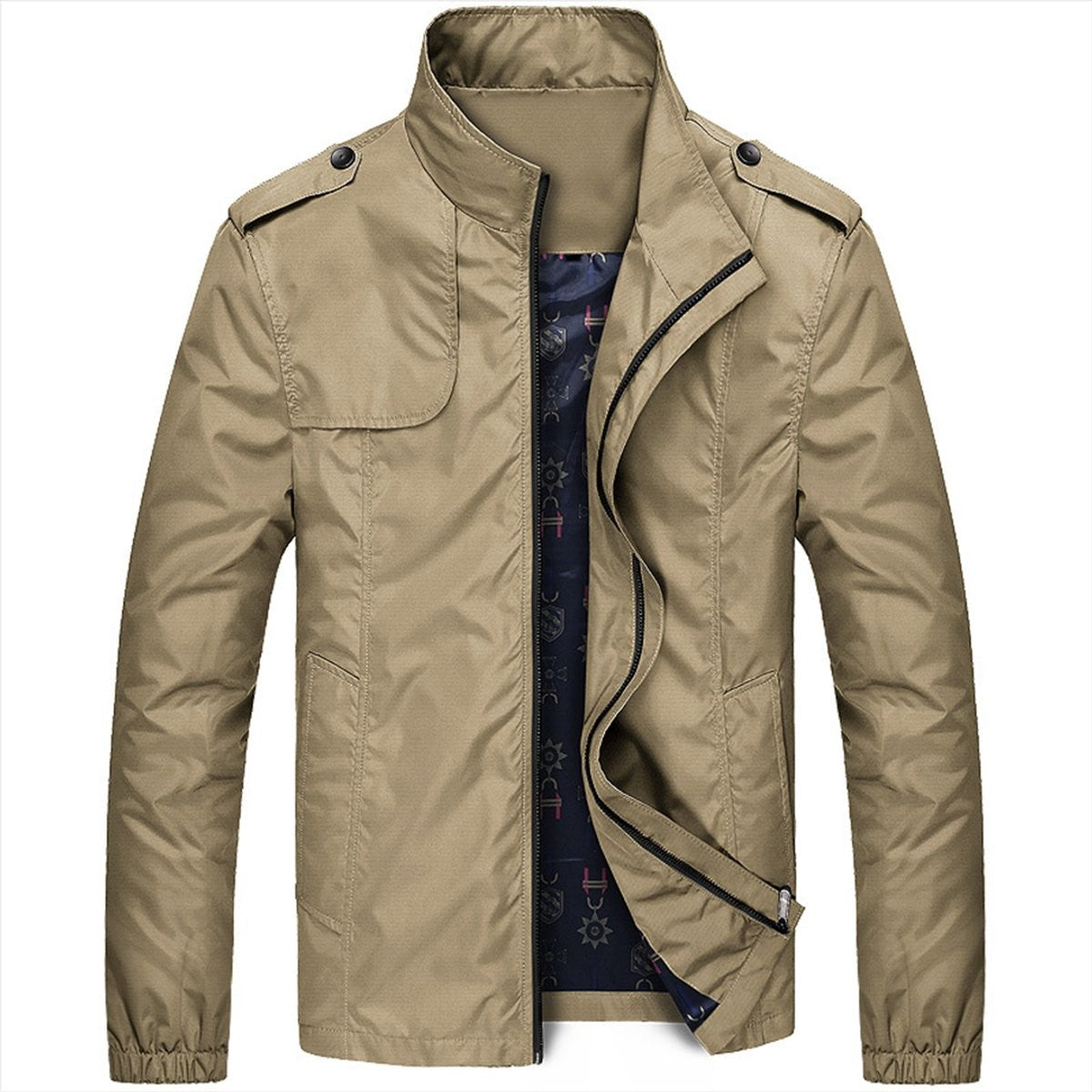 Men's khaki lightweight jacket with stand collar and flap chest pocket