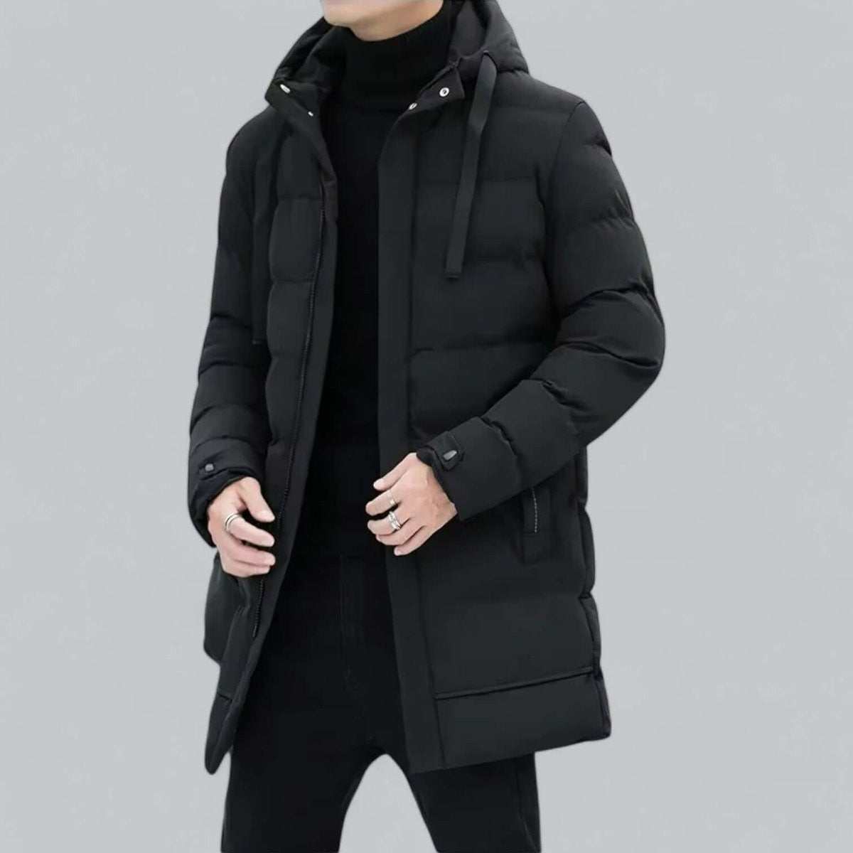 Black hooded padded parka coat with drawstring hood detail