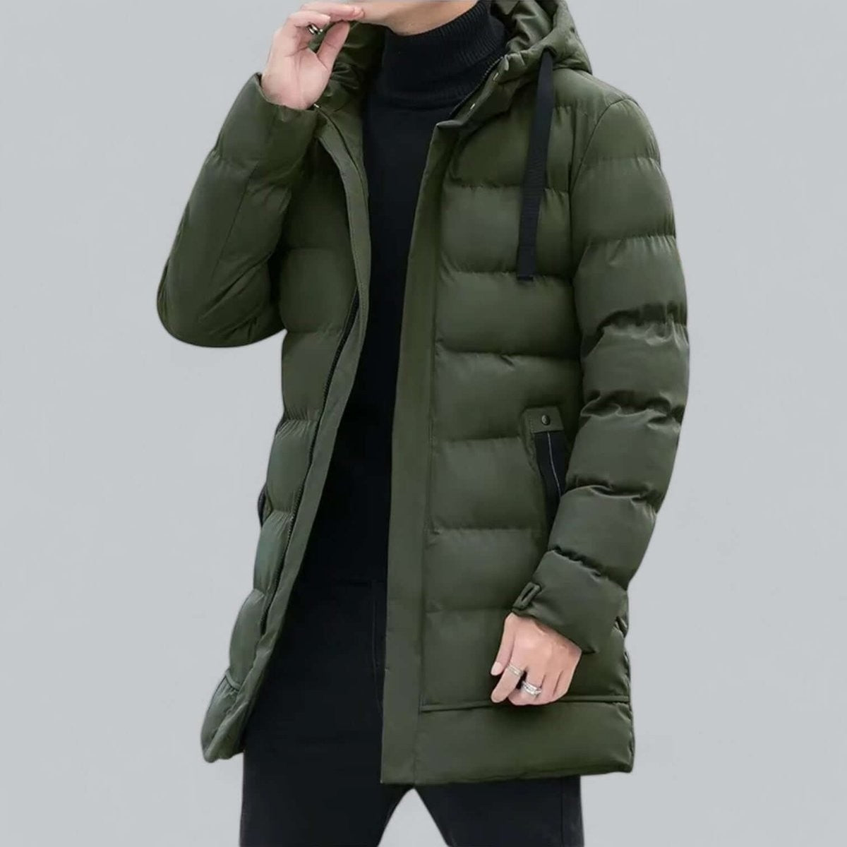 Khaki green hooded padded parka coat with zip front