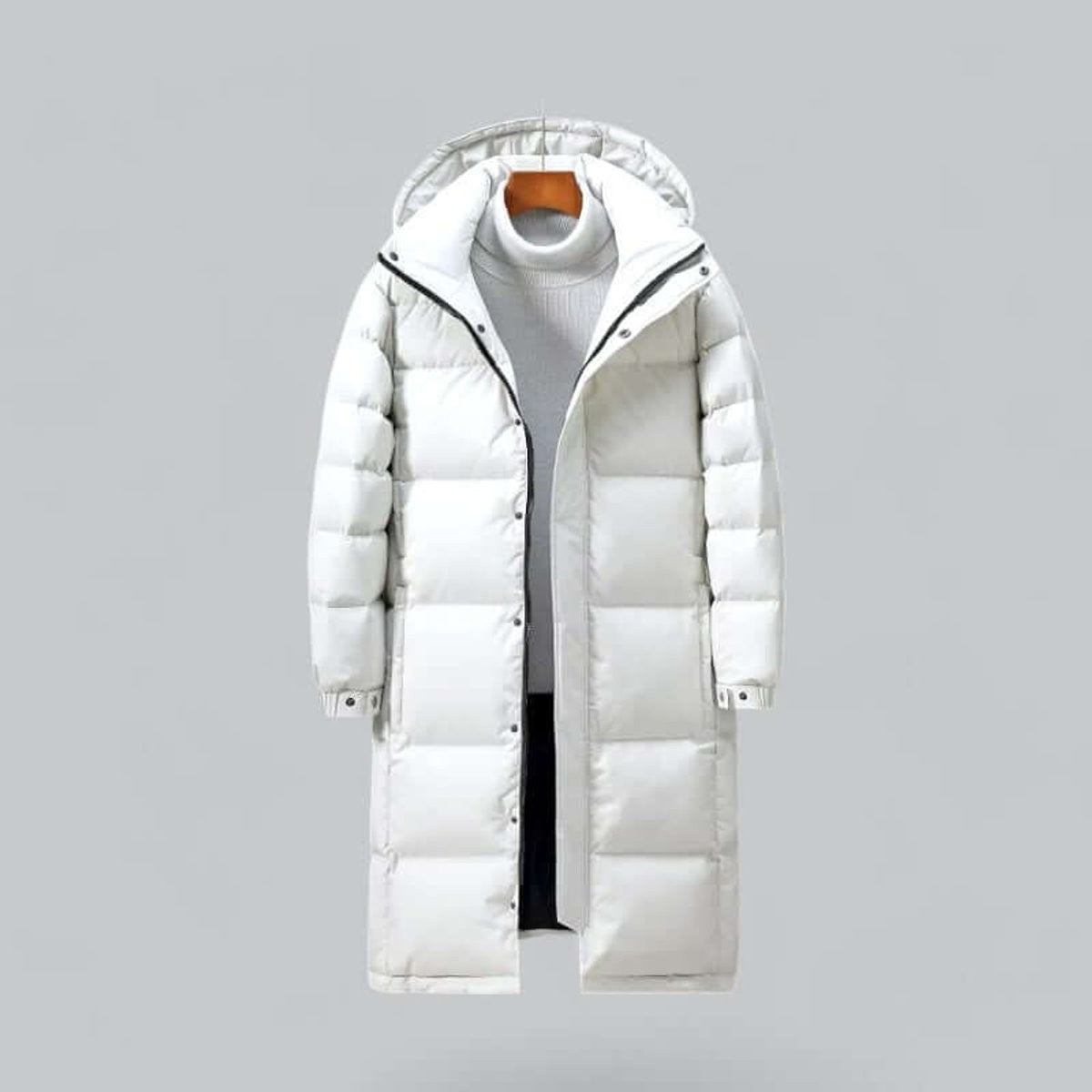 White longline padded parka with hood on hanger, quilted panels