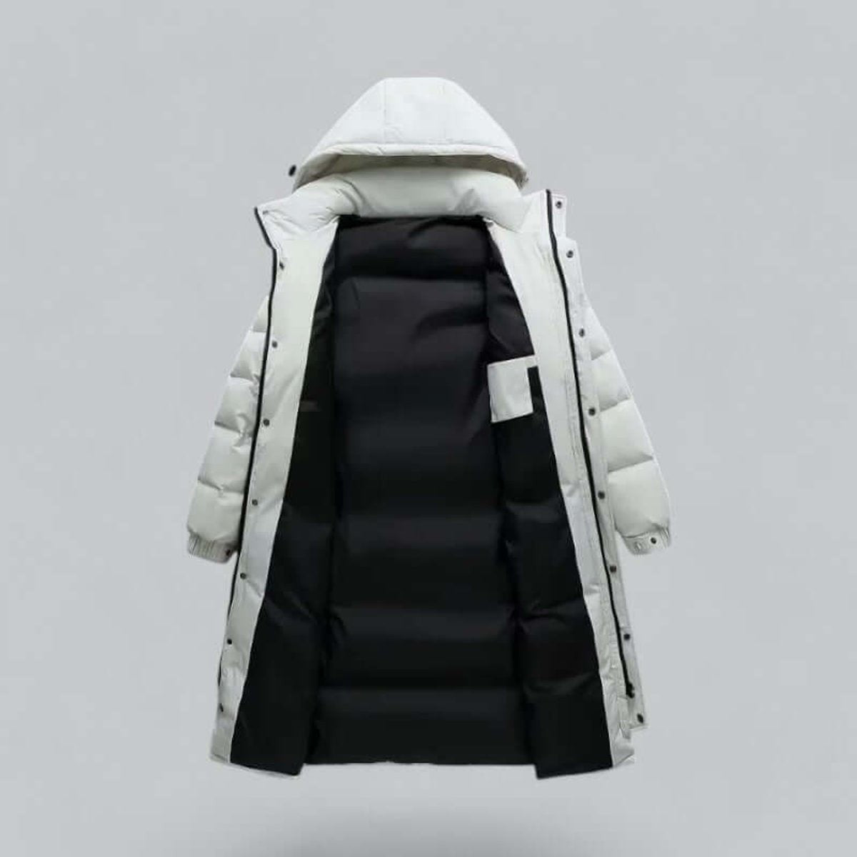 White padded parka open showing black lining and interior pocket