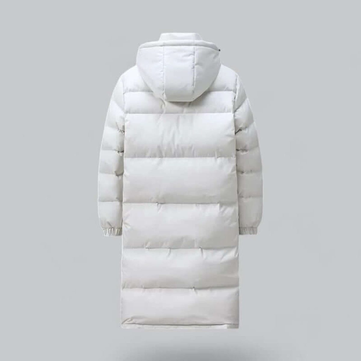 Rear view of white hooded longline puffer coat, quilted detailing