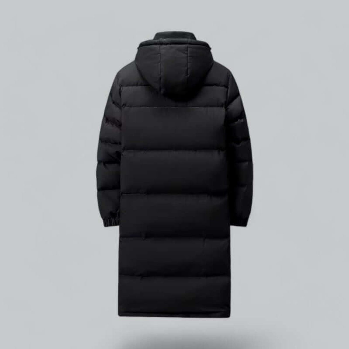 Rear view of black quilted longline parka with hood