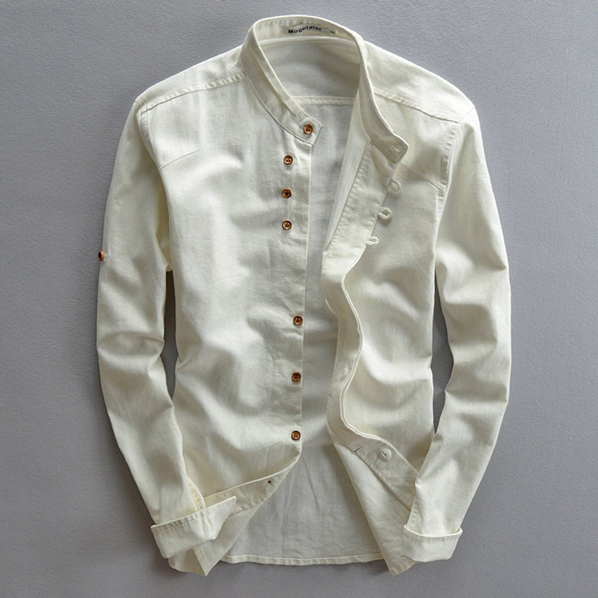 Cream long-sleeve linen shirt with mandarin collar and wooden buttons