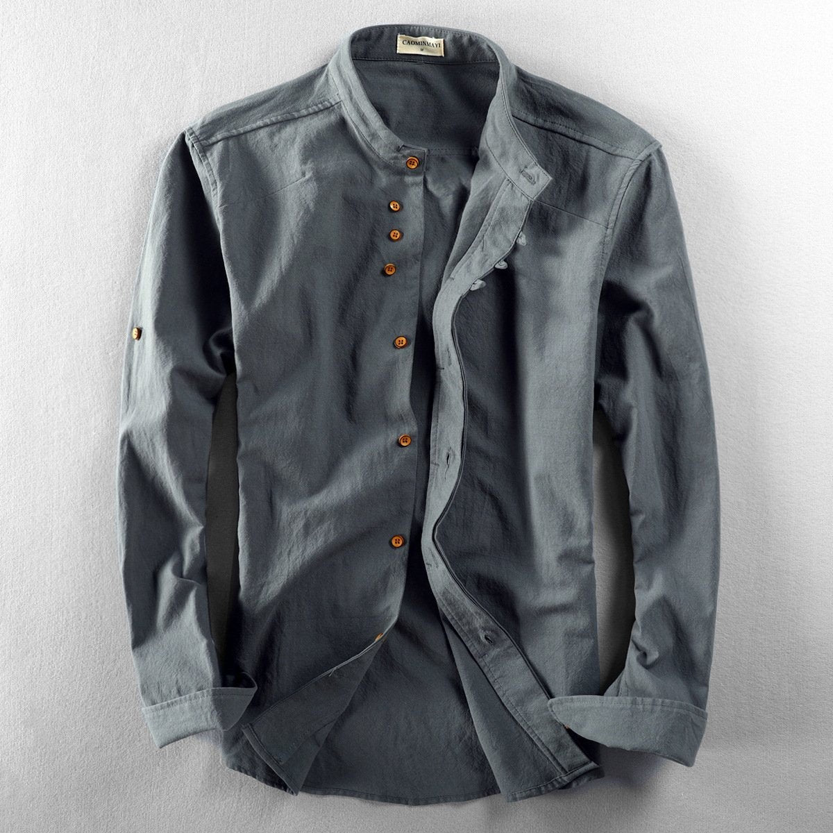 Slate grey linen shirt with mandarin collar and contrast wooden buttons