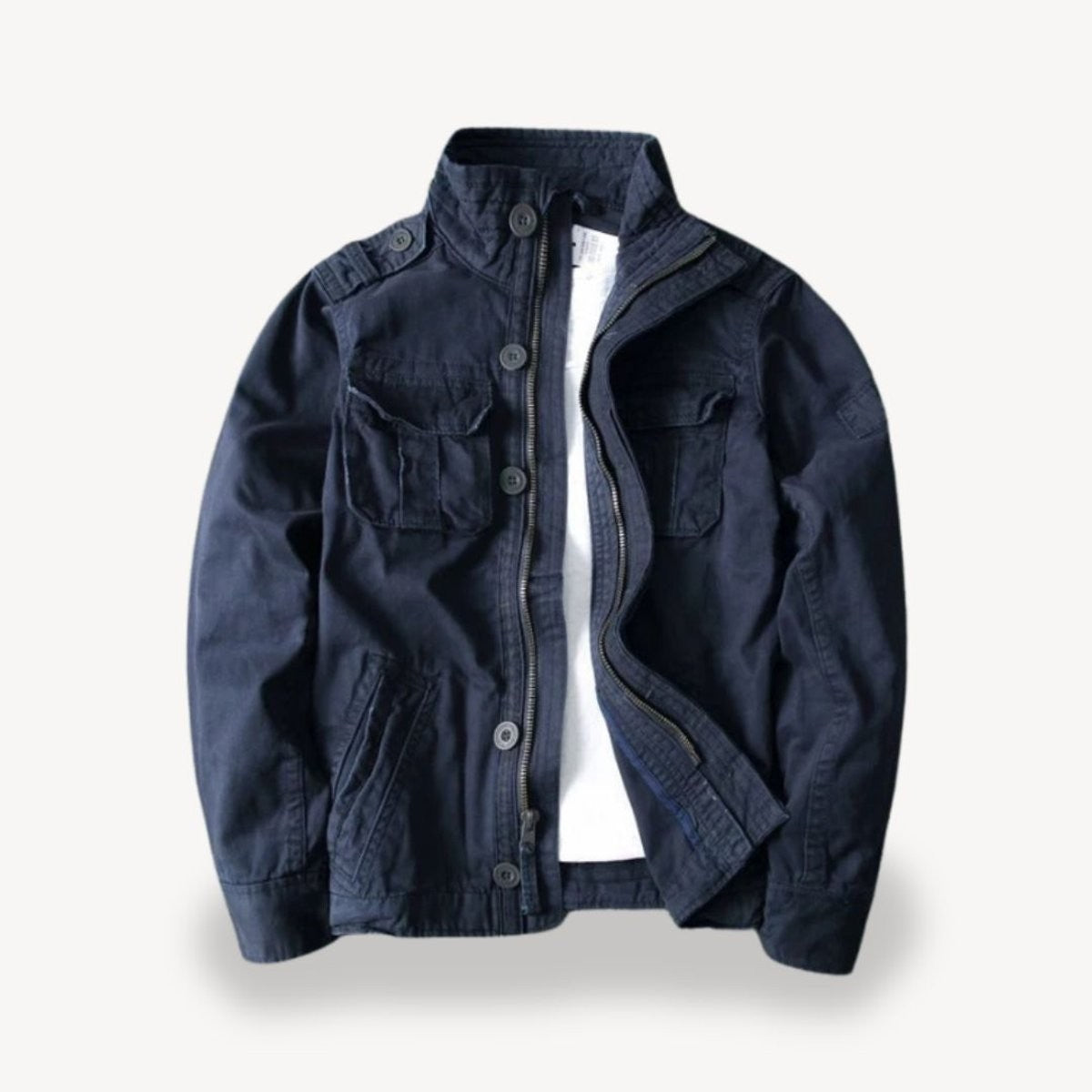Navy cotton field jacket with stand collar and four-pocket bomber design