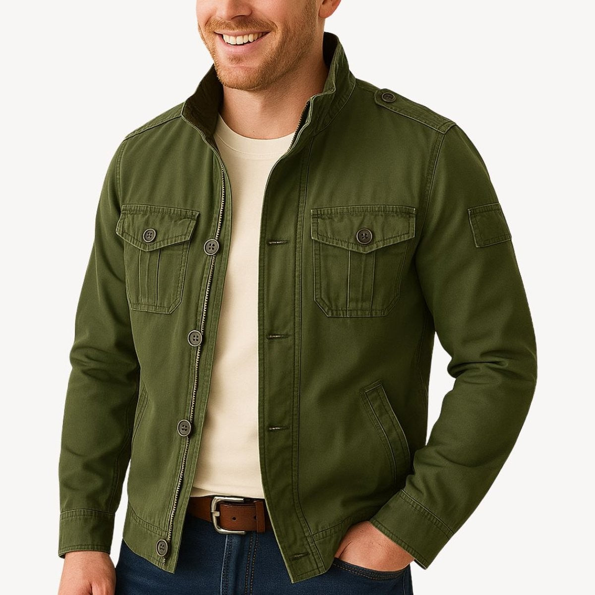 Model wearing olive green military-style field jacket with chest pockets