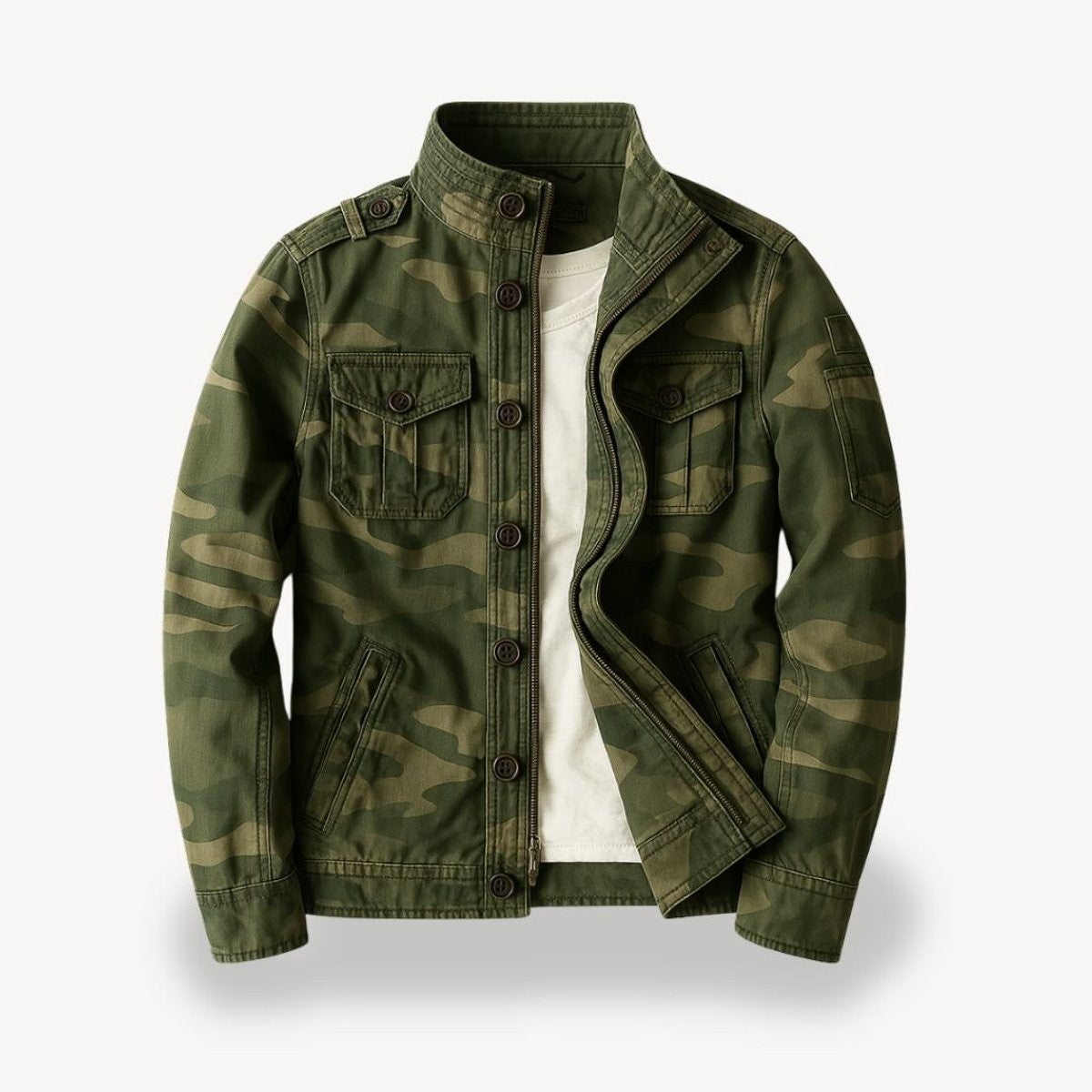 Camouflage print field jacket with button placket and four-pocket bomber styling
