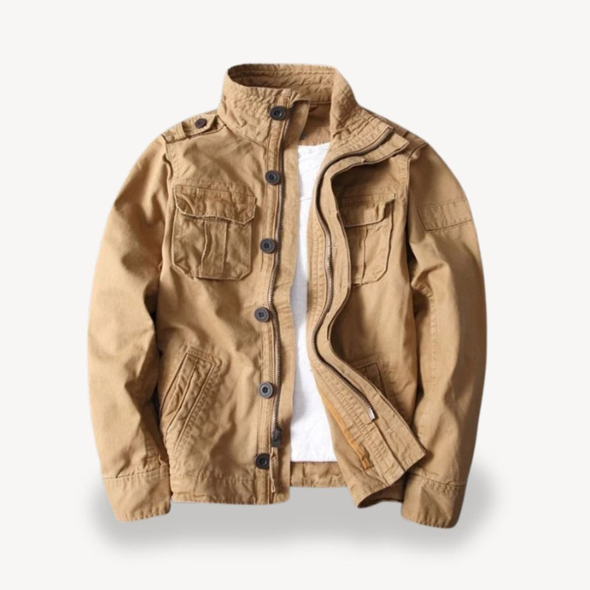 Khaki cotton field jacket featuring stand collar and flap chest pockets