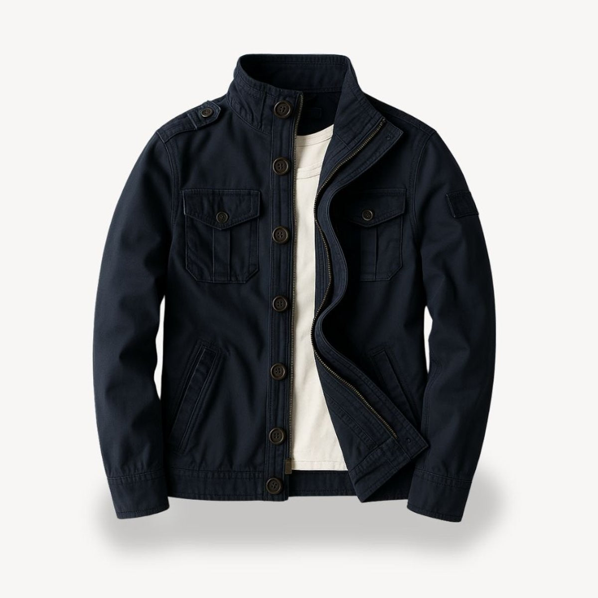 Navy field jacket with epaulettes and zip-through button fastening