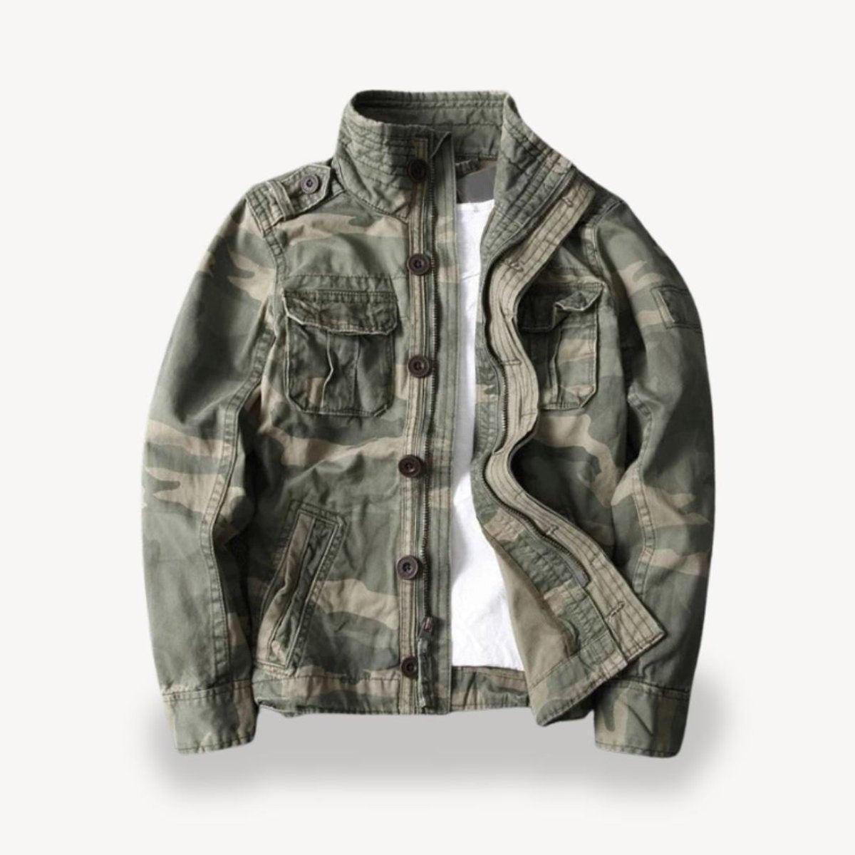 Faded camouflage field jacket with stand collar and multiple flap pockets