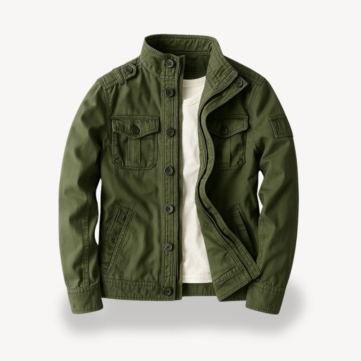 Olive green four-pocket bomber jacket with zip and button front