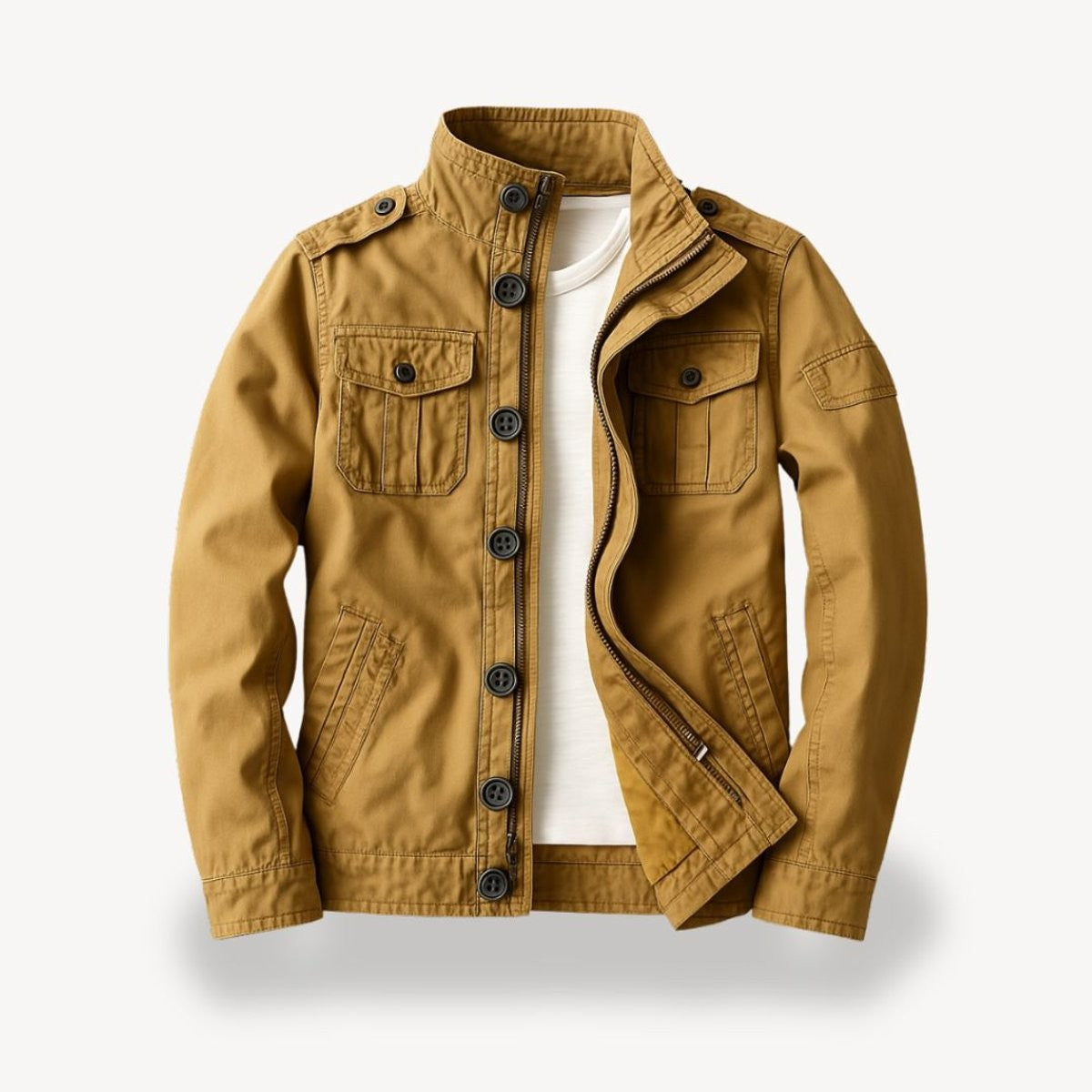Tan cotton field jacket with shoulder epaulettes and flap pockets