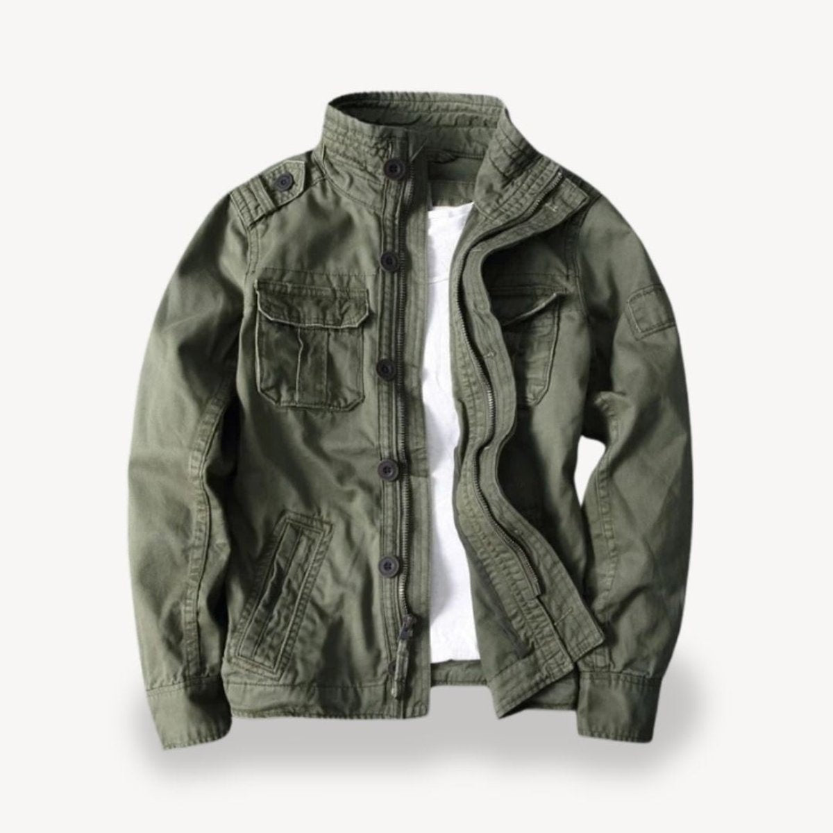 Dark olive military-style field jacket with stand collar and cotton finish