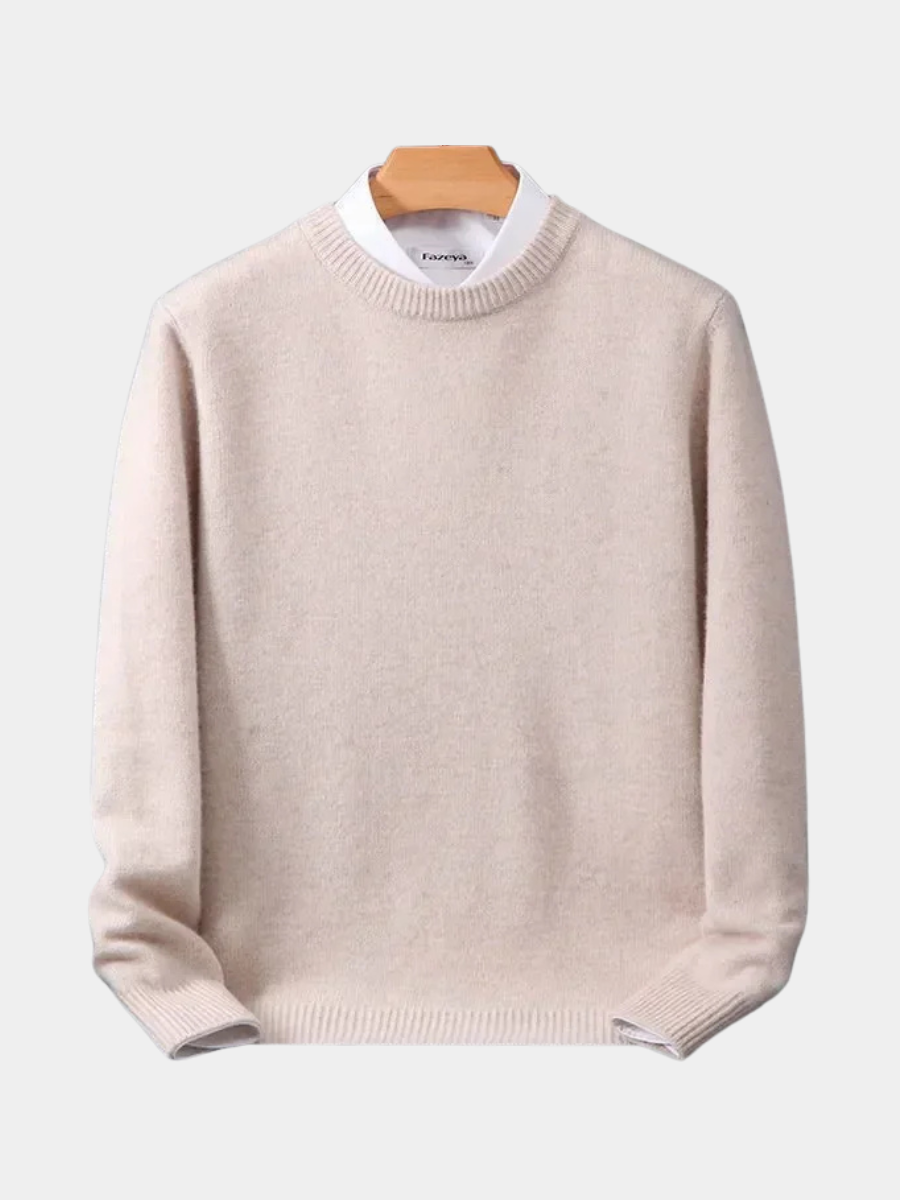 Beige mock-neck jumper with mock shirt collar on wooden hanger