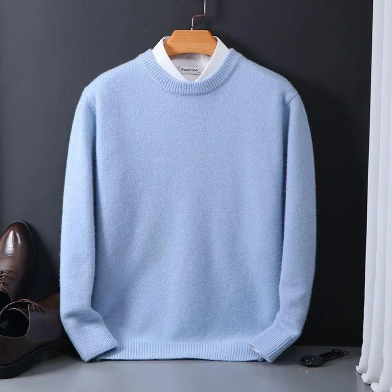 Pale blue mock-neck jumper hanging beside leather shoes
