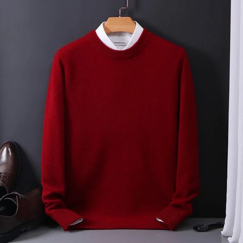 Deep red mock-neck jumper displayed on wooden hanger