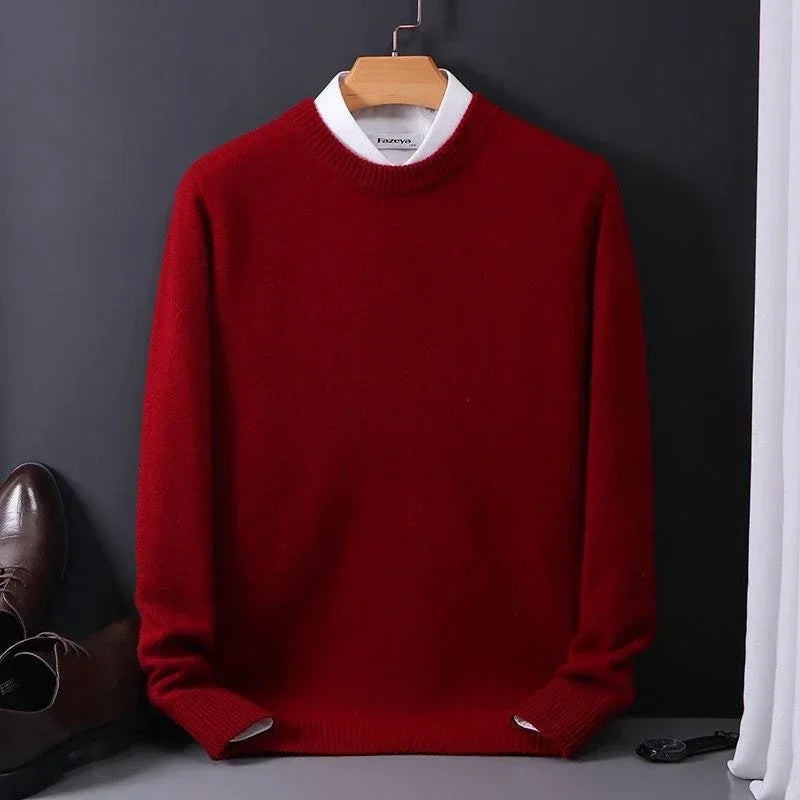 Burgundy mock-neck jumper with white shirt collar detail