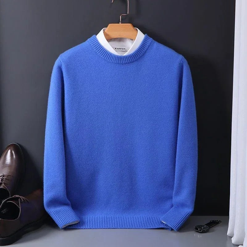Cobalt blue mock-neck jumper displayed with formal shoes