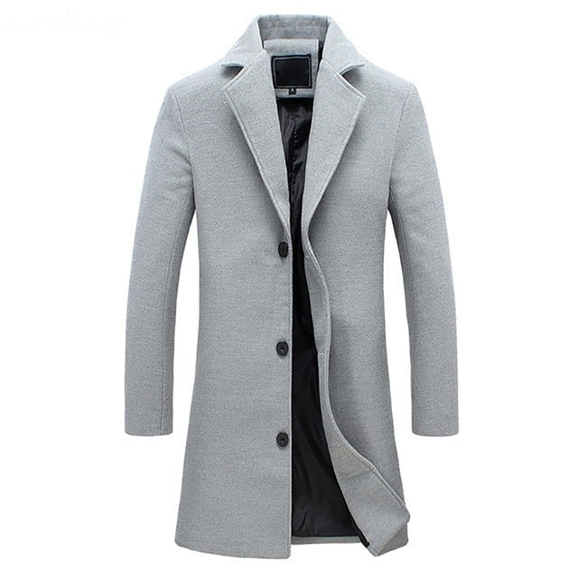 Men's grey wool-blend trench coat with notched lapel and button fastening