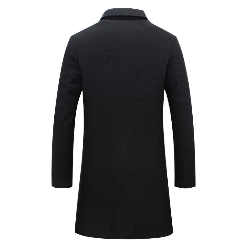 Rear view of black men's long wool trench coat with tailored fit