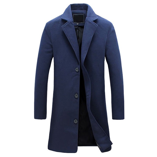 Navy blue men's single-breasted trench coat with notched collar