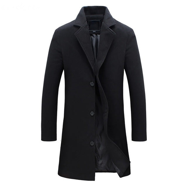 Black men's long trench coat with three-button fastening and notched lapel