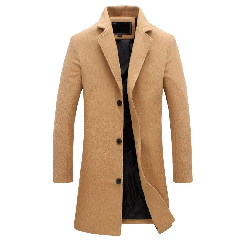 Camel wool trench coat for men with classic notched collar design