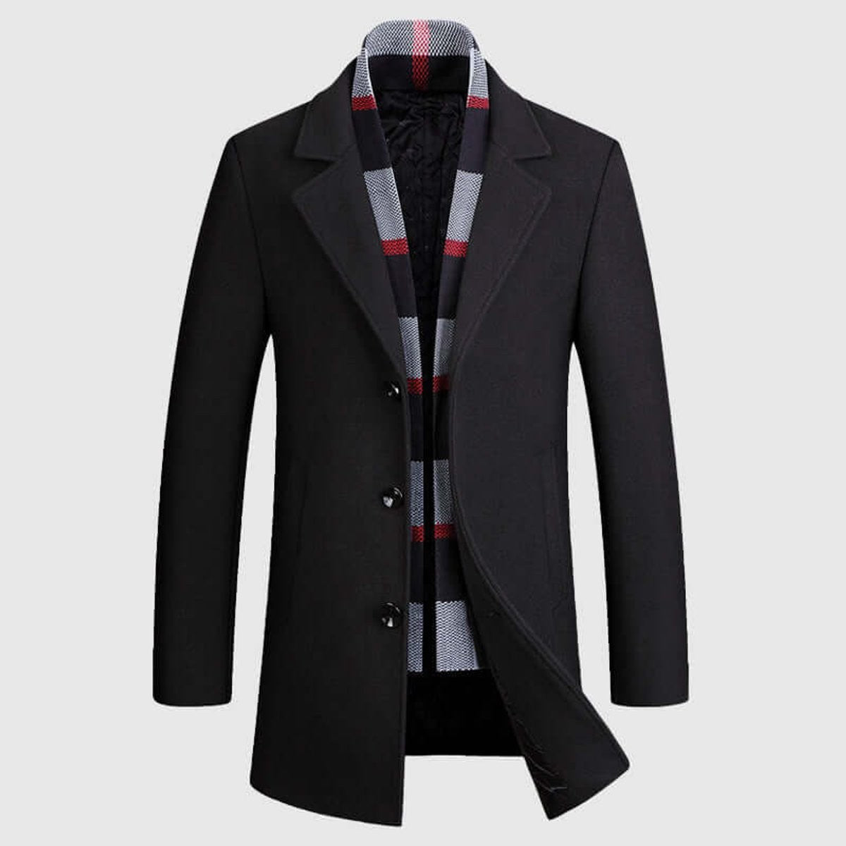 Black wool-blend overcoat with notch lapel and checked scarf-effect lining