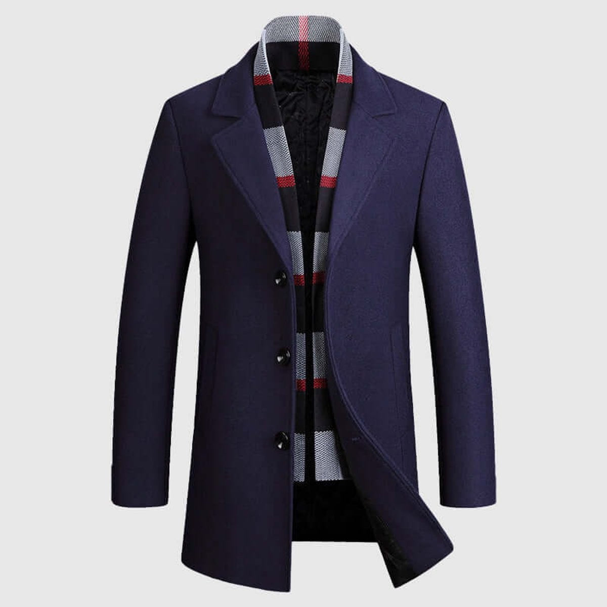 Navy men's overcoat featuring notch lapel and red-check contrast collar