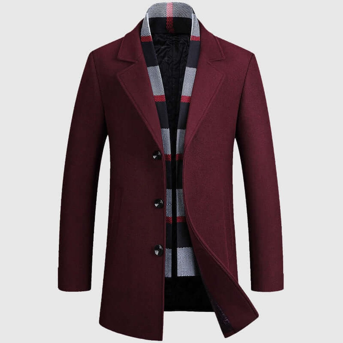 Wine-red wool overcoat with notch lapel and tartan-style inner trim