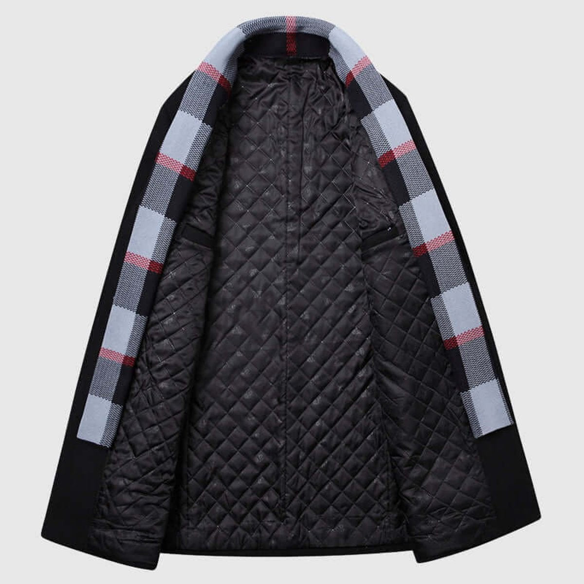 Quilted inner lining of overcoat showing checked collar and hidden pocket
