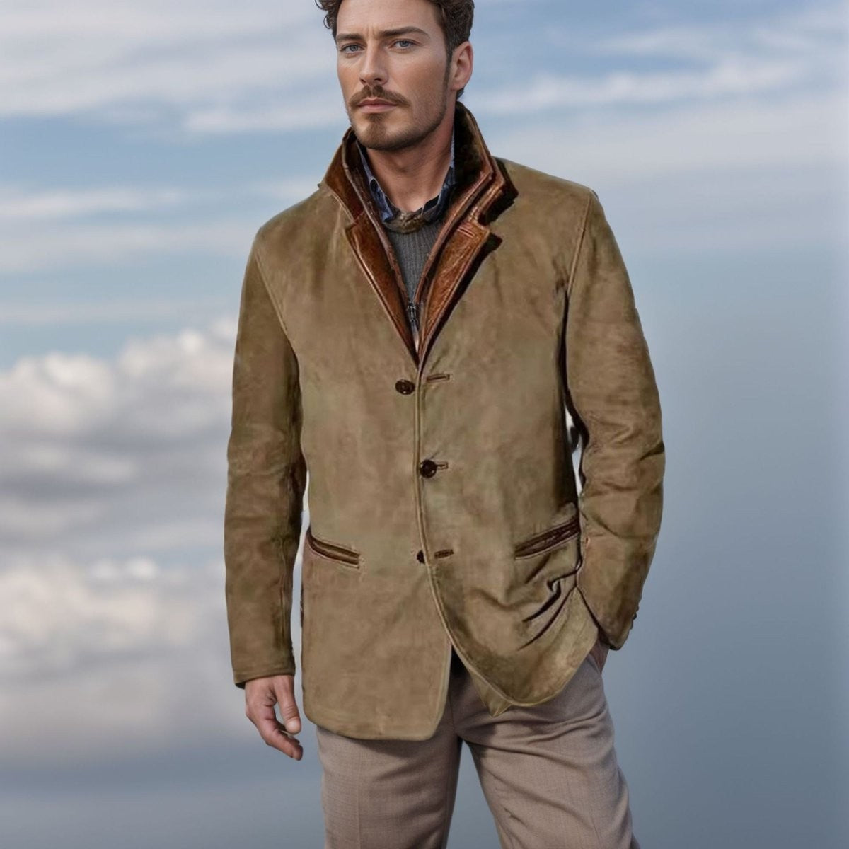 Khaki suede-look jacket with tan leather trim and notched lapel collar