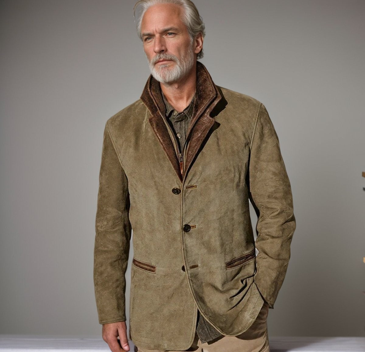 Model wearing olive suede jacket featuring contrast brown leather lapel detailing