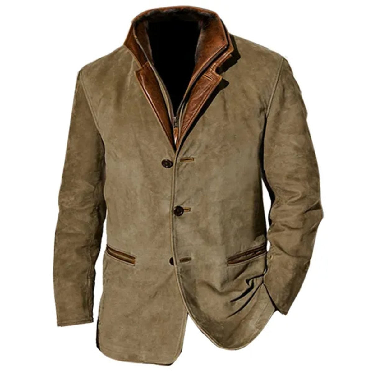 Khaki suede-effect blazer with stand collar and tan leather trim, front view