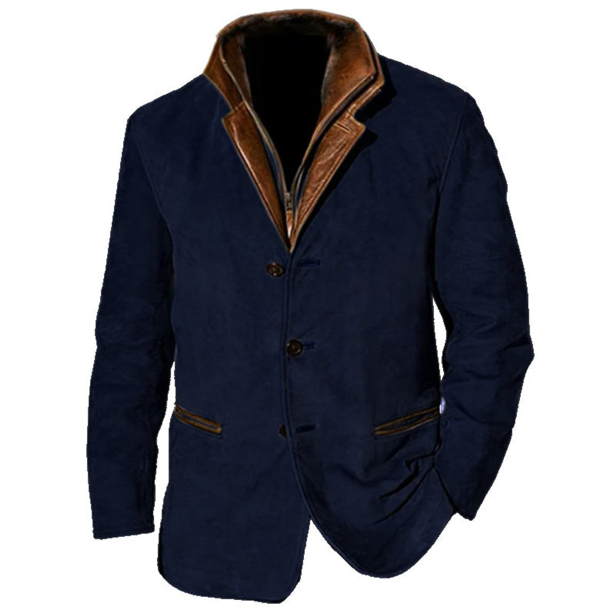 Navy suede-look blazer with tan leather lapel trim and button fastening