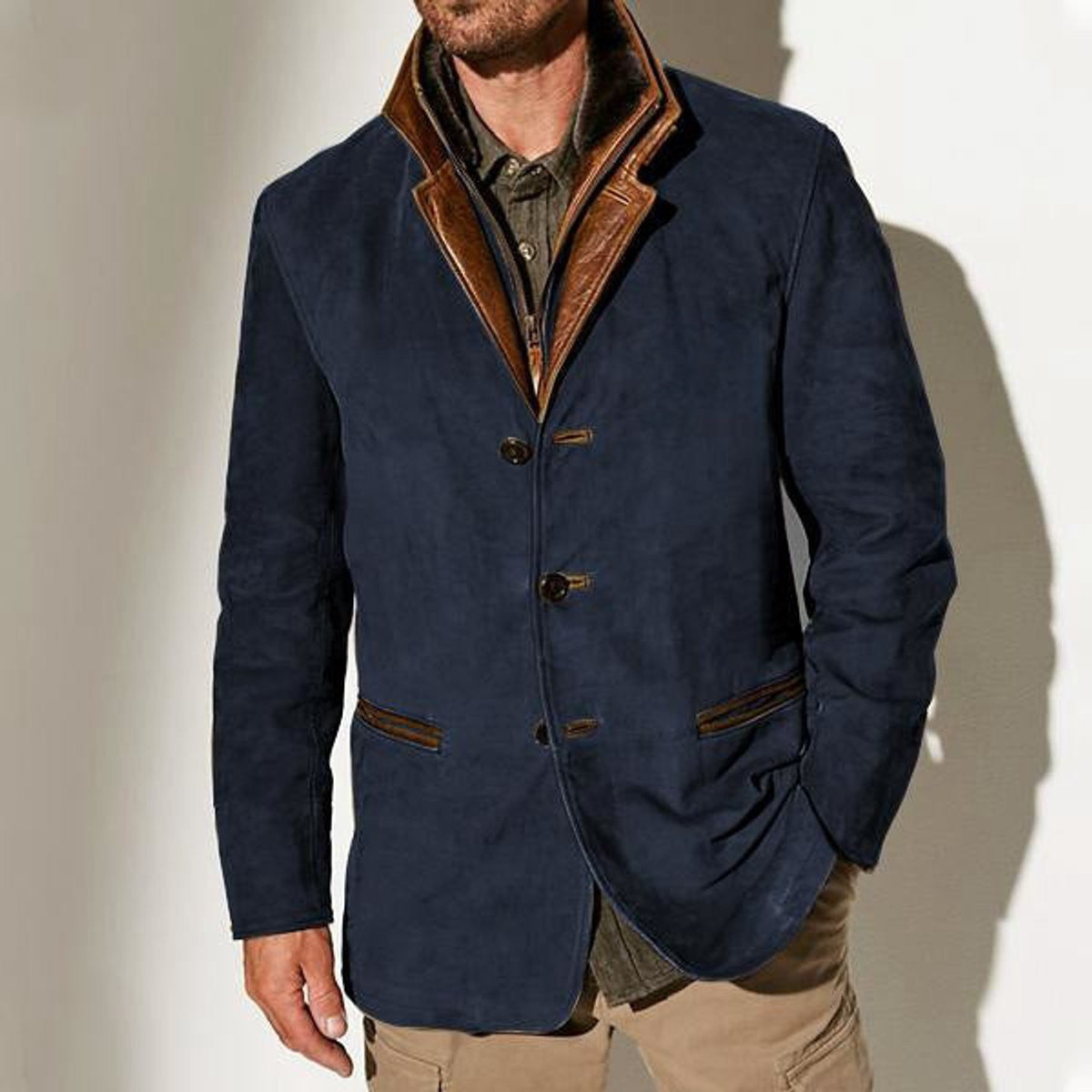 Navy suede blazer with tan leather trim, worn over khaki chinos