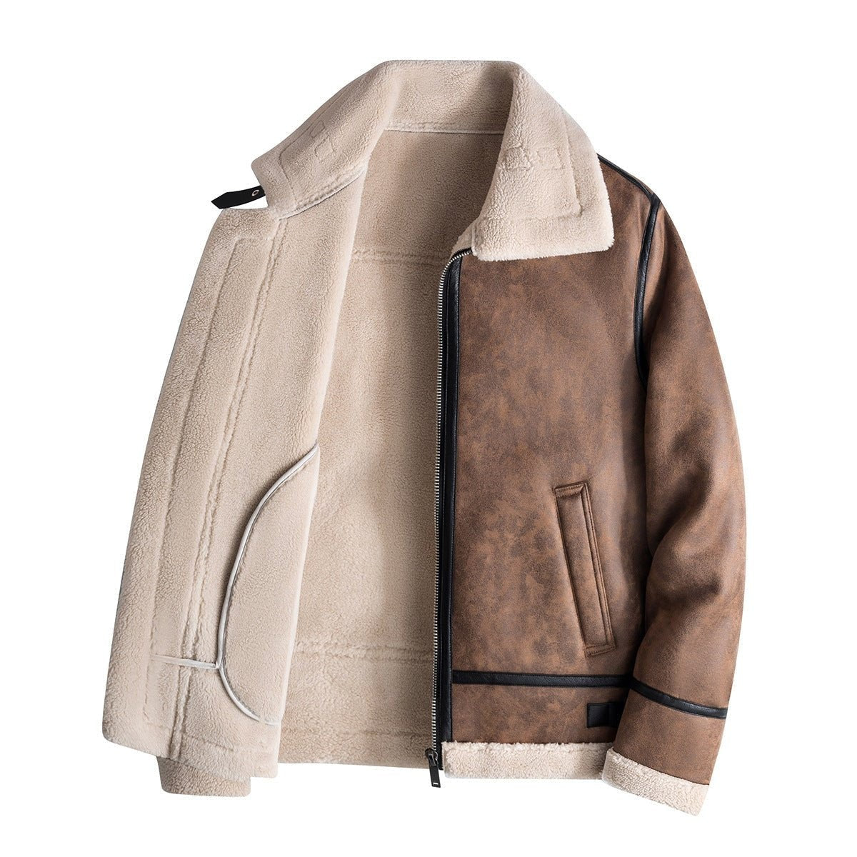 Tan shearling bomber jacket with faux fur collar and zip fastening