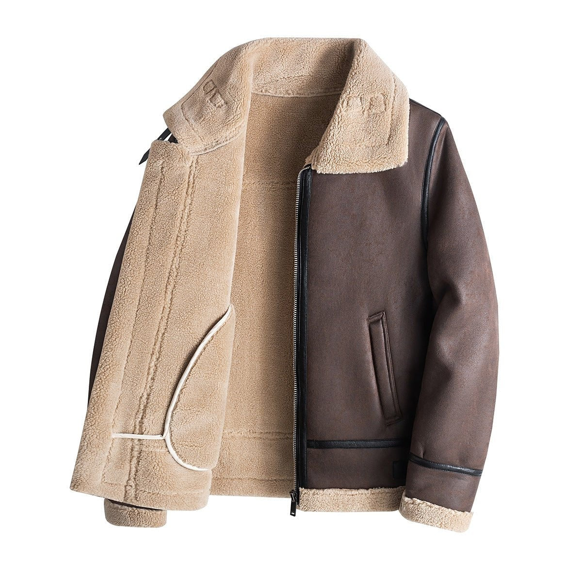 Brown faux leather bomber jacket showing plush fleece lining and cuffs