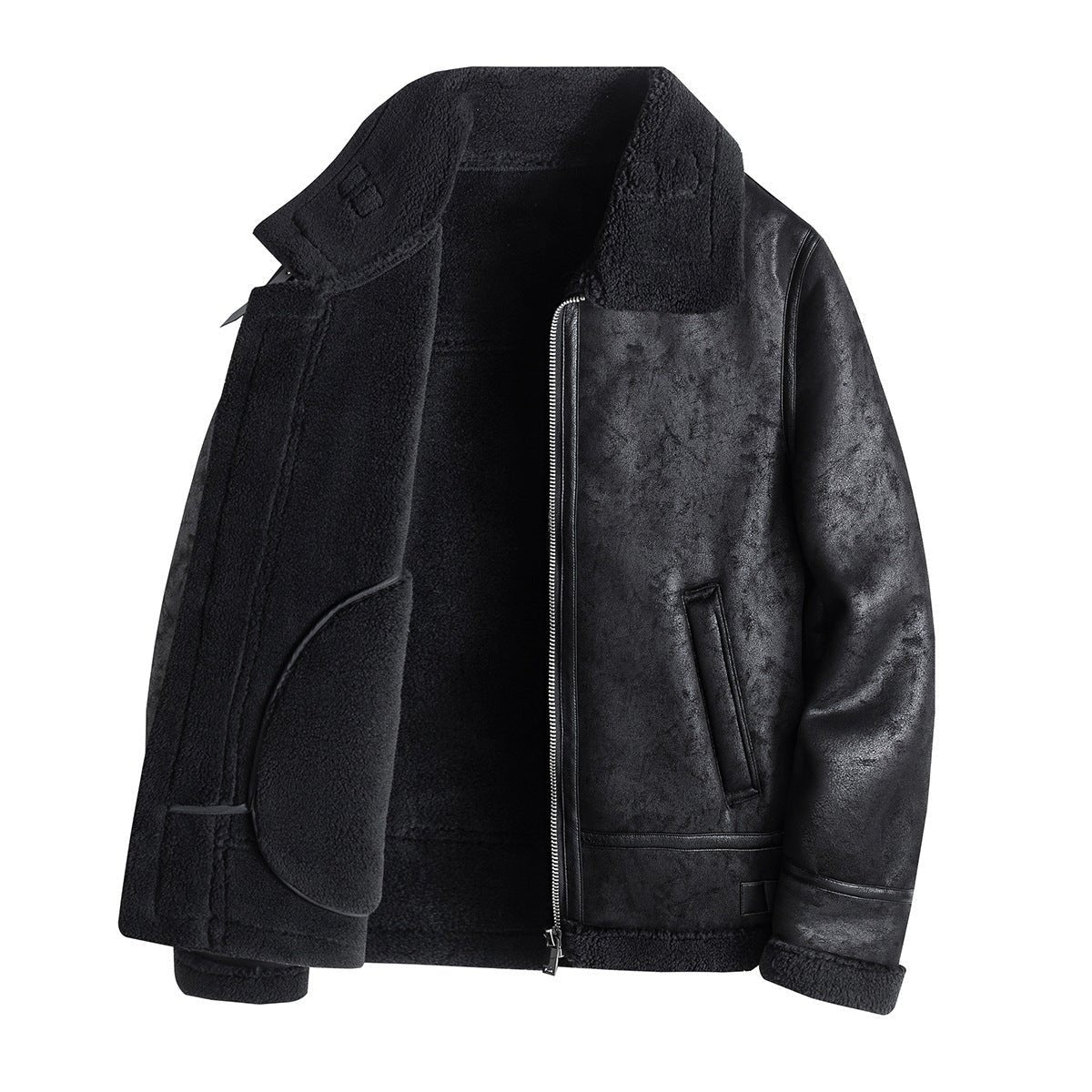 Black shearling bomber jacket with fleece collar and zip-up front