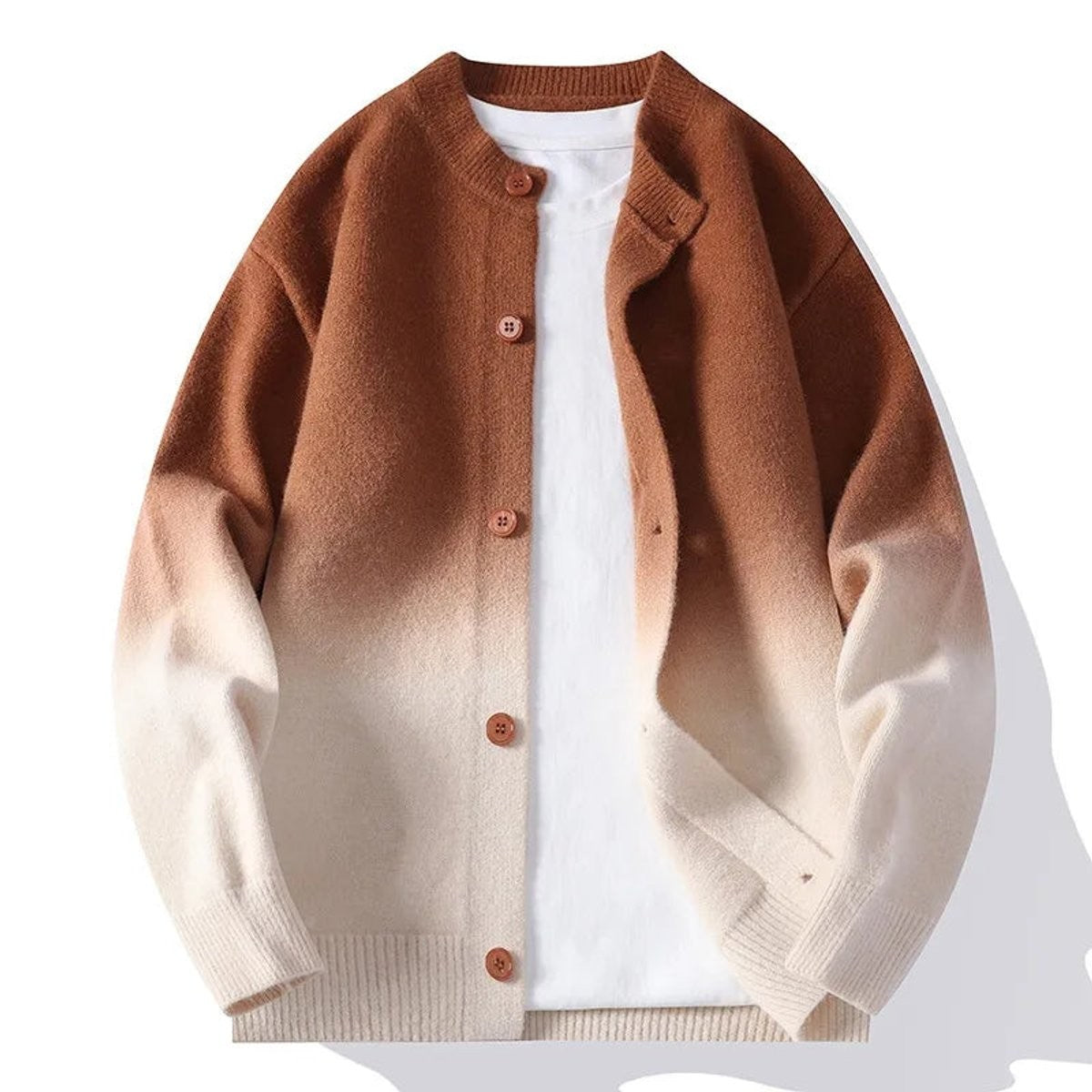 Brown ombre knitted cardigan with round neck and button-up front