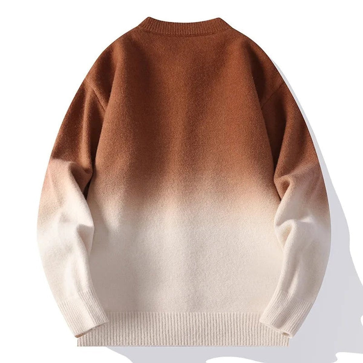 Rear view of brown fade knit cardigan showing ribbed hem
