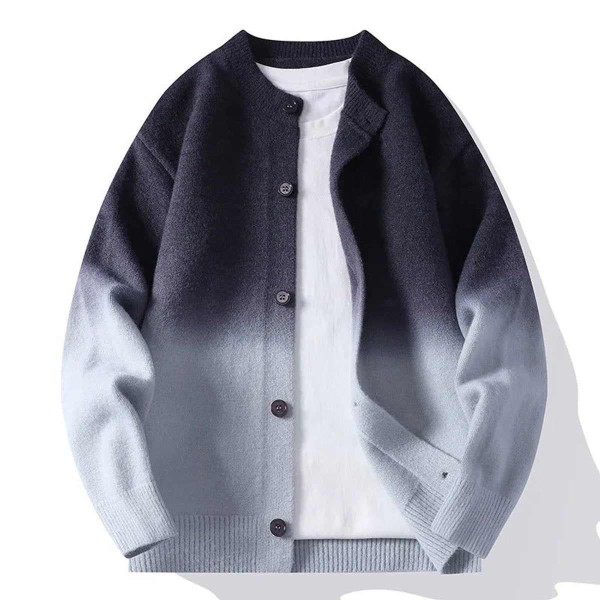 Navy to grey ombre button-up cardigan with relaxed knit fit