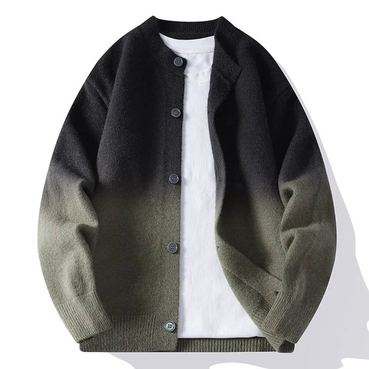 Black and khaki ombre knit cardigan with round neckline