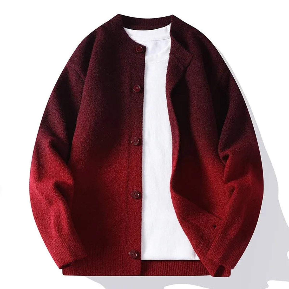 Burgundy ombre knitted cardigan with button-up front and ribbed cuffs